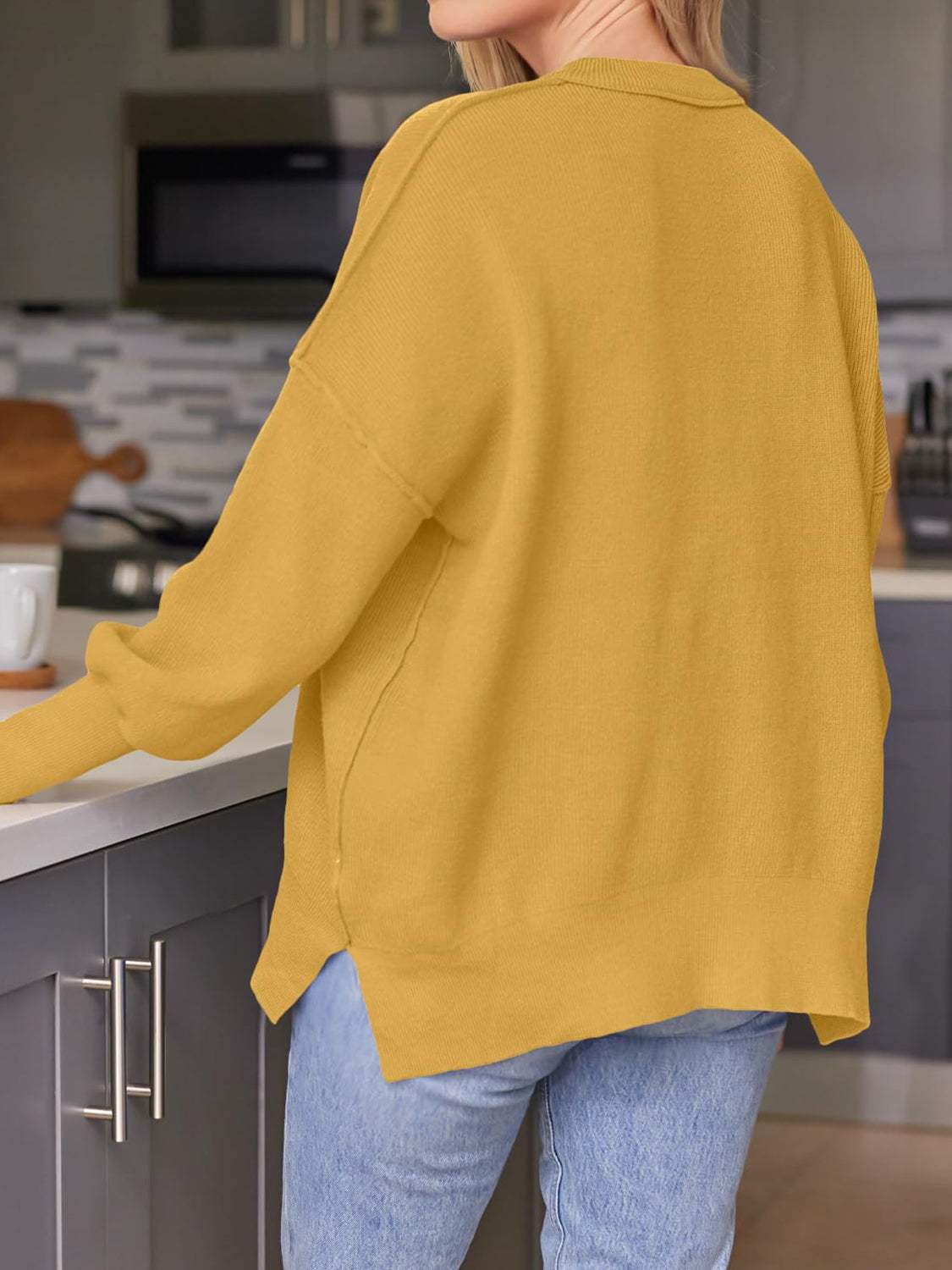 Slit Round Neck Dropped Shoulder Sweater - Trendsi - Flyclothing LLC