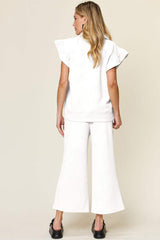 Double Take Texture Ruffle Short Sleeve Top and Drawstring Wide Leg Pants Set - Trendsi - Flyclothing LLC