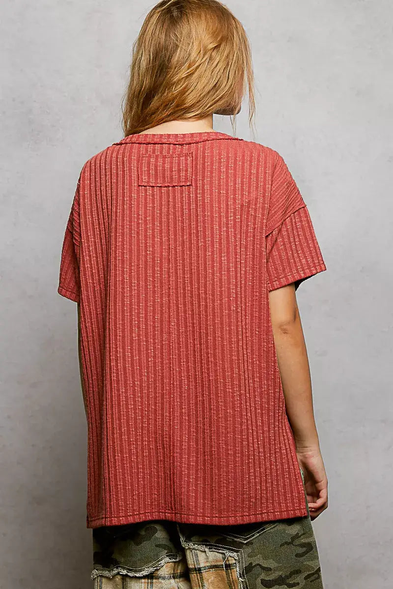 POL Ribbed Knit V-Neck Short Sleeve T-Shirt with Side Slit - Trendsi - Flyclothing LLC