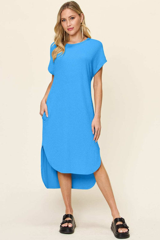 Double Take Full Size Round Neck Short Sleeve Slit Dress - Trendsi - Flyclothing LLC