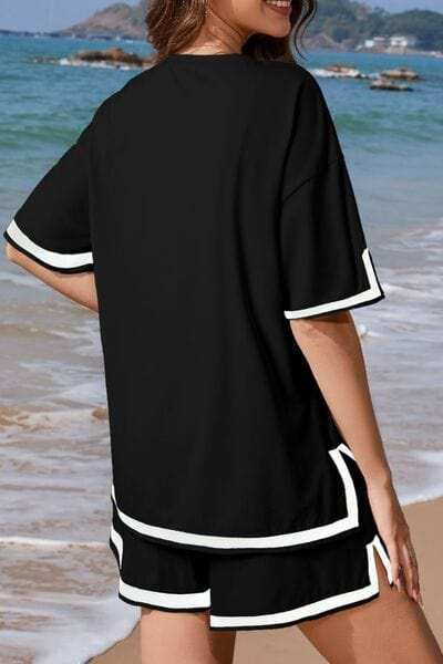 Contrast Trim Tee and Shorts Set - Trendsi - Flyclothing LLC