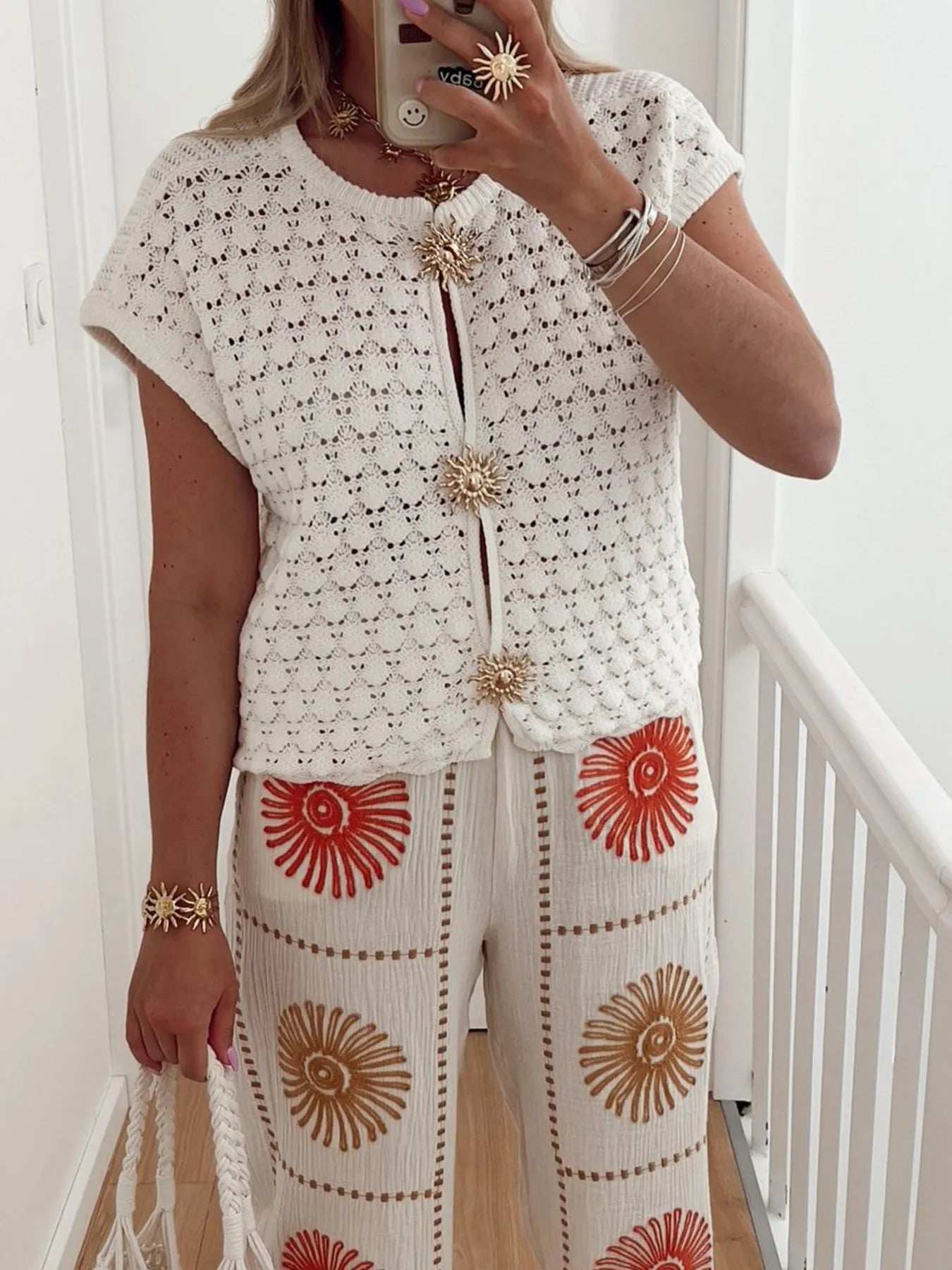 Crochet Short Sleeve Button Front Cardigan - Trendsi - Flyclothing LLC