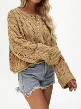 Chic Cable Knit Half-Button Openwork Sweater - Trendsi - Flyclothing LLC