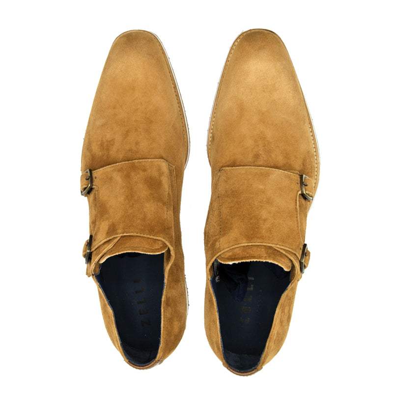 56-100-CGN LEGERRA Sueded Goatskin Monkstrap, Cognac - Zelli Italia - Flyclothing LLC