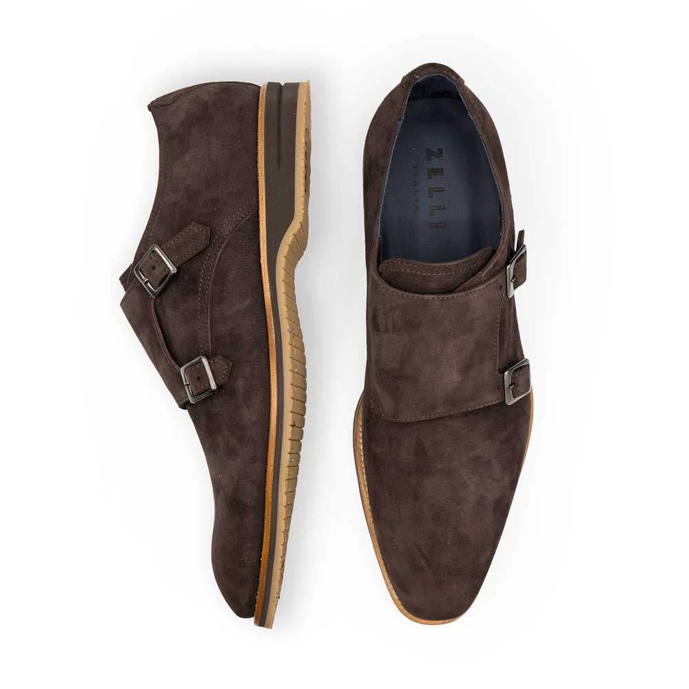 56-105-BRN LEGERRA Sueded Goatskin Monkstrap, Brown - Zelli Italia - Flyclothing LLC
