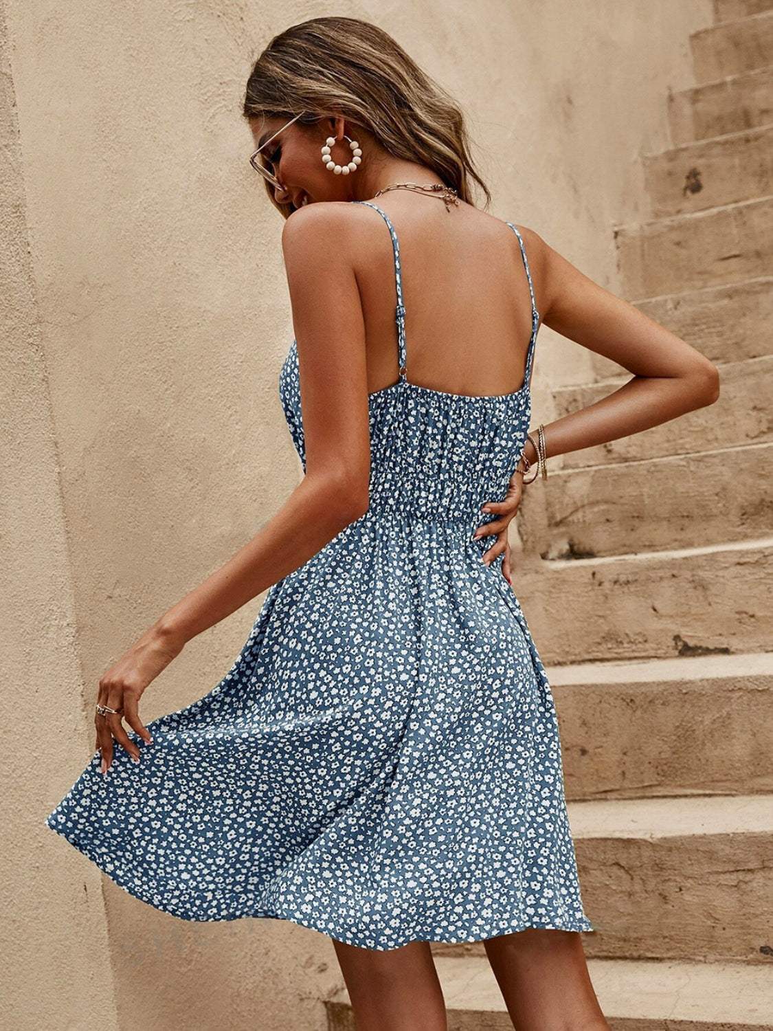 Floral V-Neck Mini Cami Dress - Trendsi - Flyclothing LLC