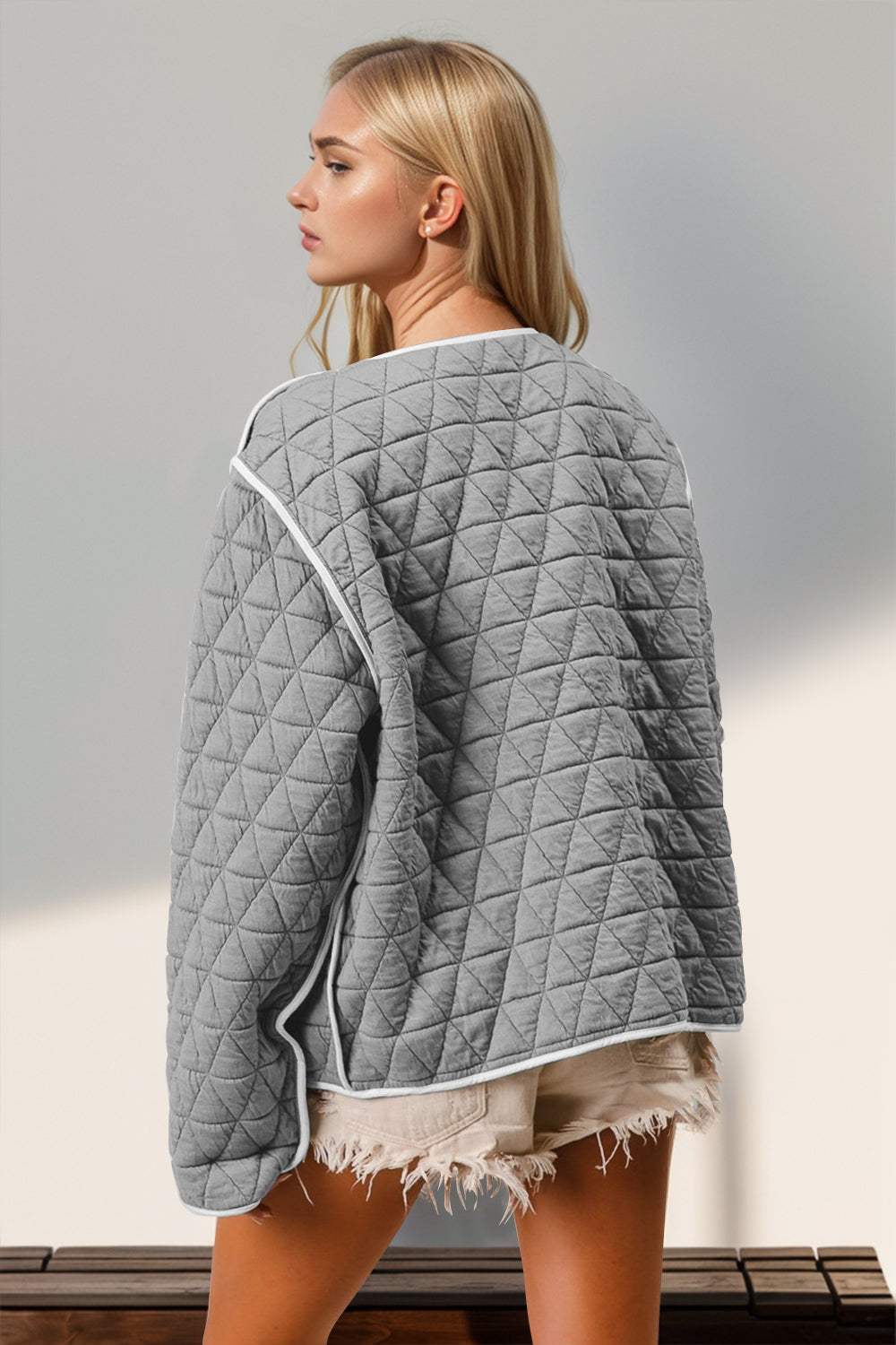 Double Take Contrast Trim Tie Front Quilted Jacket with Pockets - Trendsi - Flyclothing LLC