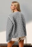 Double Take Contrast Trim Tie Front Quilted Jacket with Pockets - Trendsi