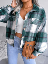 Plaid Collared Neck Long Sleeve Jacket - Trendsi - Flyclothing LLC