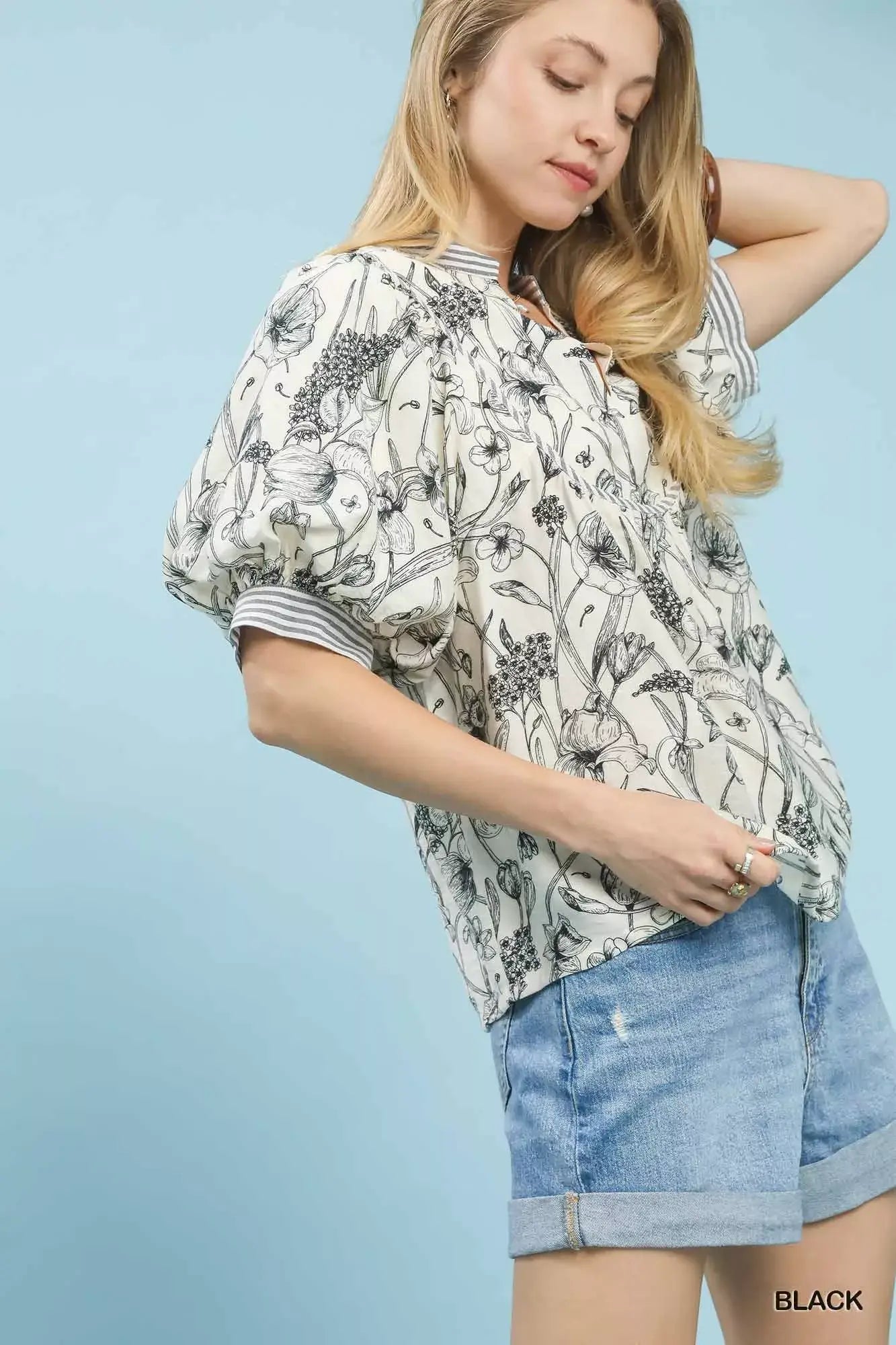 Umgee Mixed Print Puff Sleeve Split Neck Top - Trendsi - Flyclothing LLC