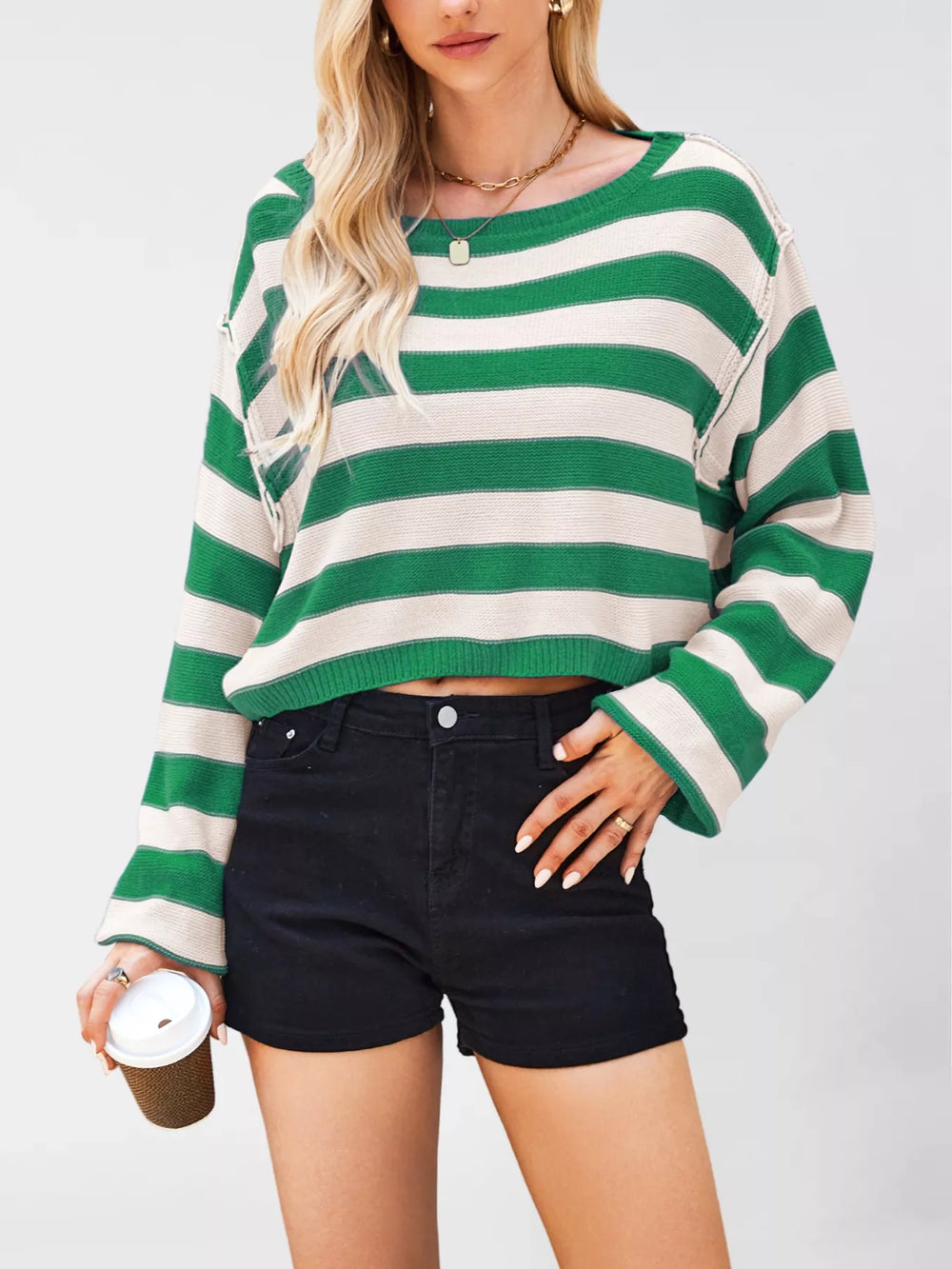 Striped Dropped Shoulder Sweater - Trendsi - Flyclothing LLC