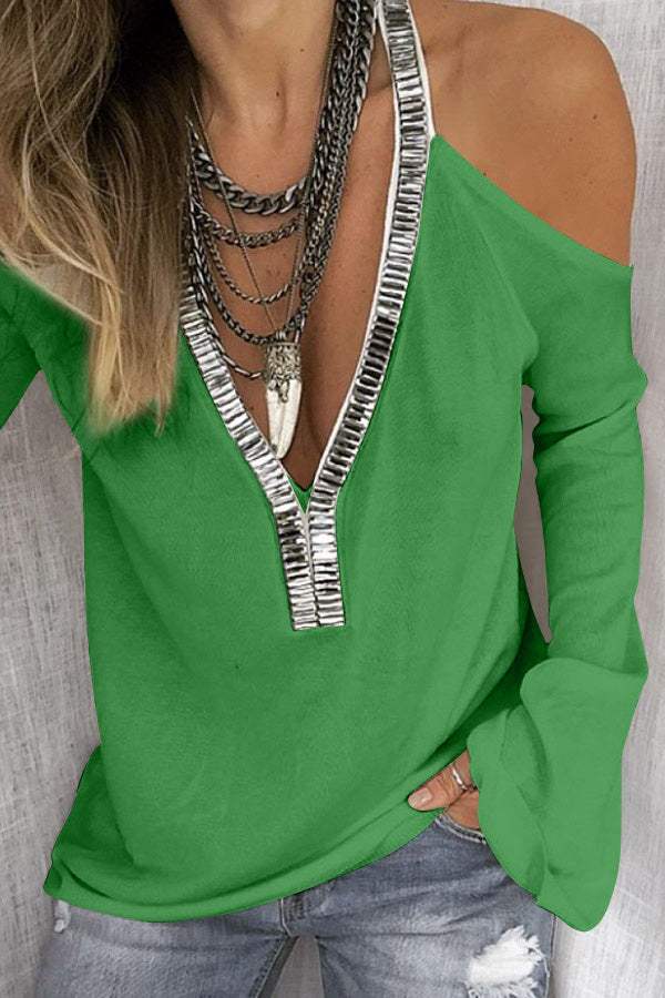 Sequin V-Neck Cold Shoulder Top - Trendsi - Flyclothing LLC