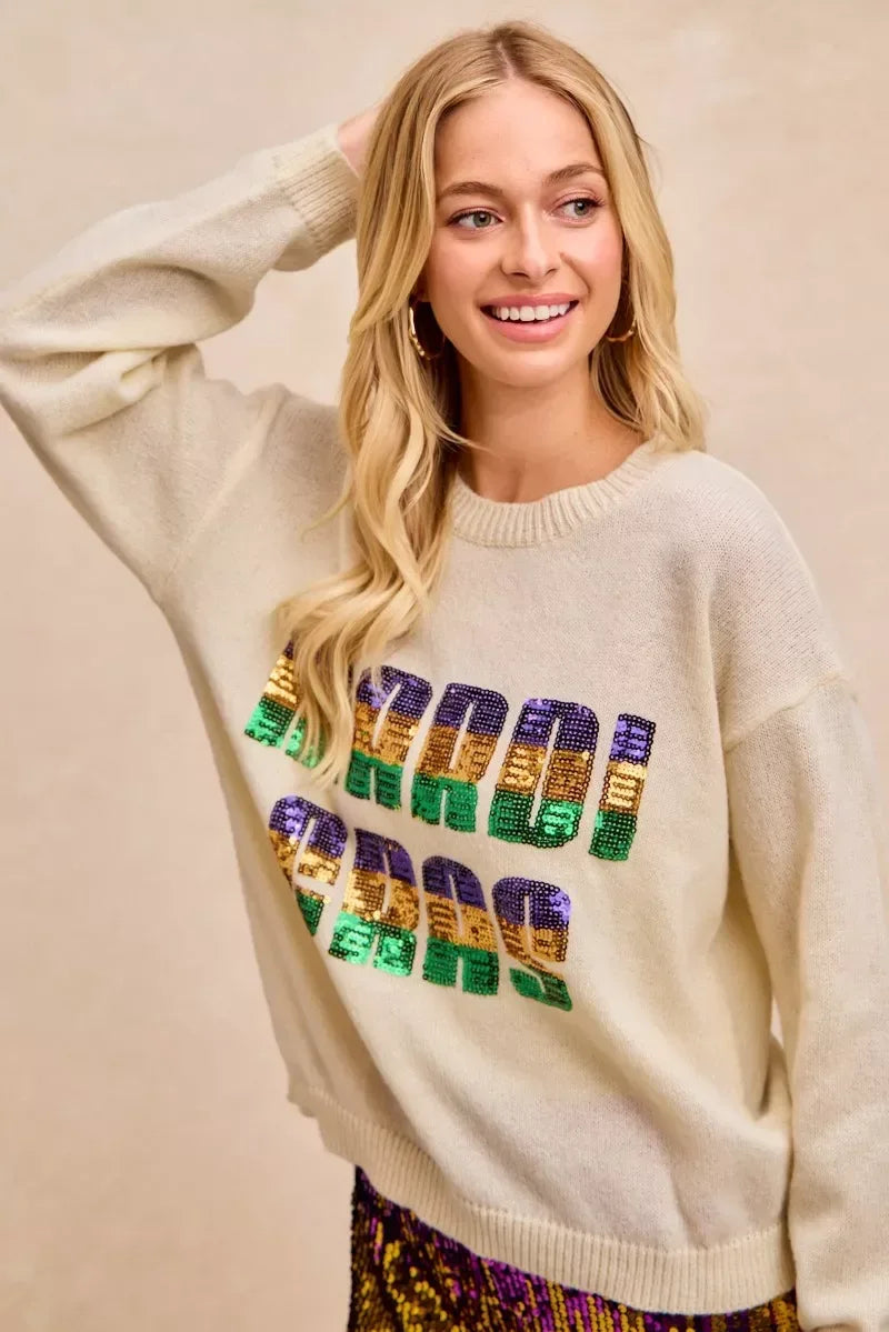 BiBi Mardi Gras Sequin Lattering Knit Top - Trendsi - Flyclothing LLC