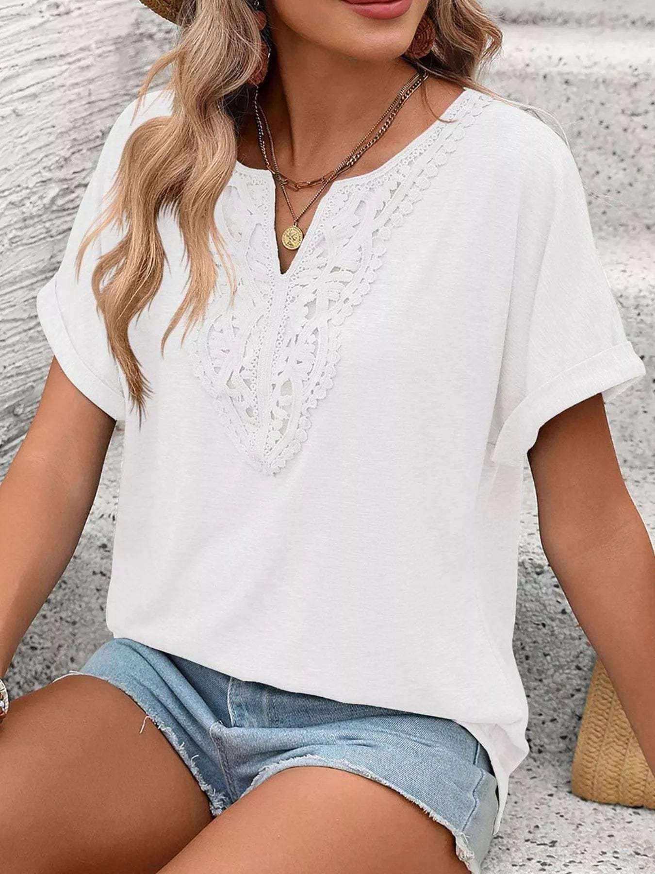 Lace Trim Short Sleeve T-Shirt - Trendsi - Flyclothing LLC