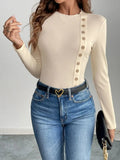 Perfee Decorative Button Round Neck Long Sleeve Bodysuit - Trendsi