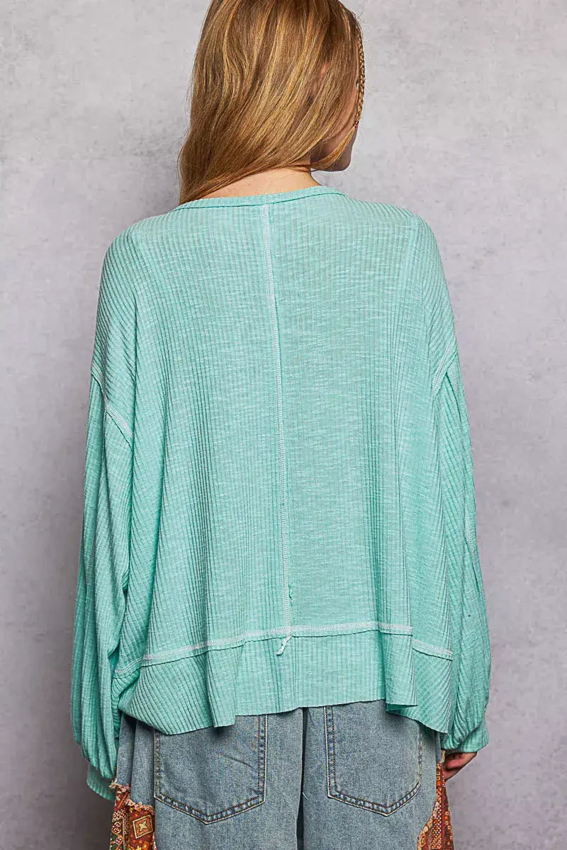 POL Round Neck Long Sleeve Exposed Seam Top with Chest Pocket - Trendsi - Flyclothing LLC