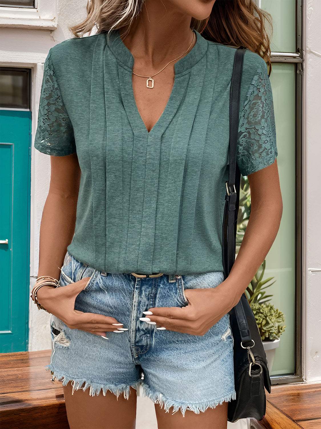 Lace Detail Notched Short Sleeve T-Shirt - Trendsi - Flyclothing LLC