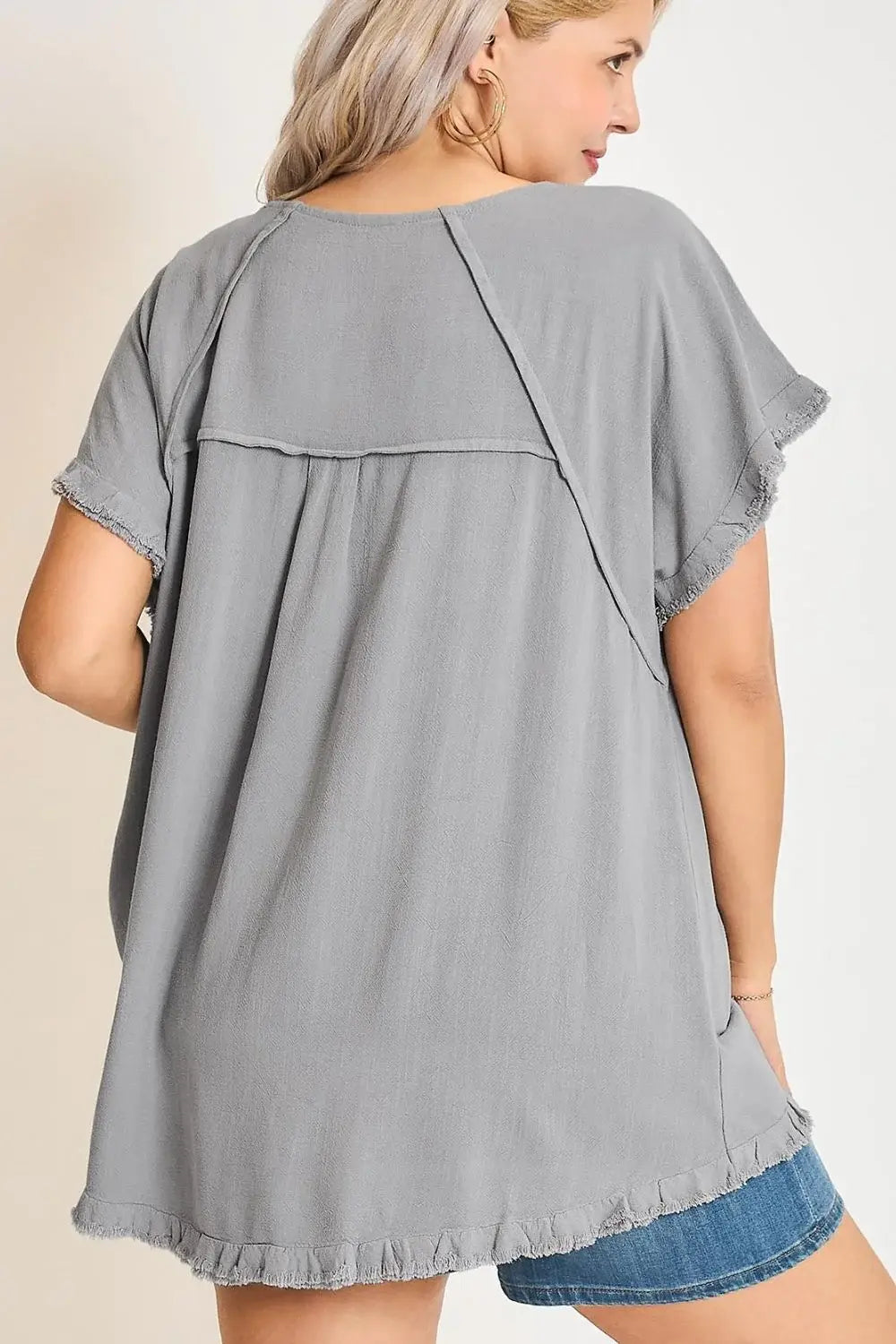 Umgee Full Size Seam Detail Linen Ruffle Fringe Edge Top Plus Size - Trendsi - Flyclothing LLC