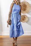 Ribbed Vest Patchwork Tiered Midi Dress with Pockets - Trendsi