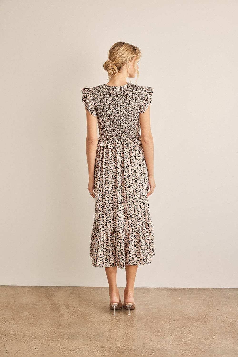 In February Floral Smocked Ruffled Midi Dress - Trendsi - Flyclothing LLC