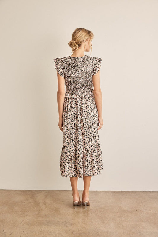In February Floral Smocked Ruffled Midi Dress - Trendsi