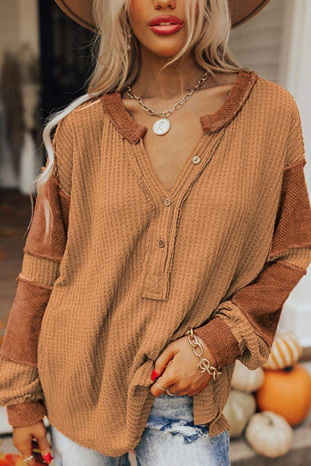 Contrast Patched Exposed Seam Waffle Knit Henley Top - Trendsi - Flyclothing LLC