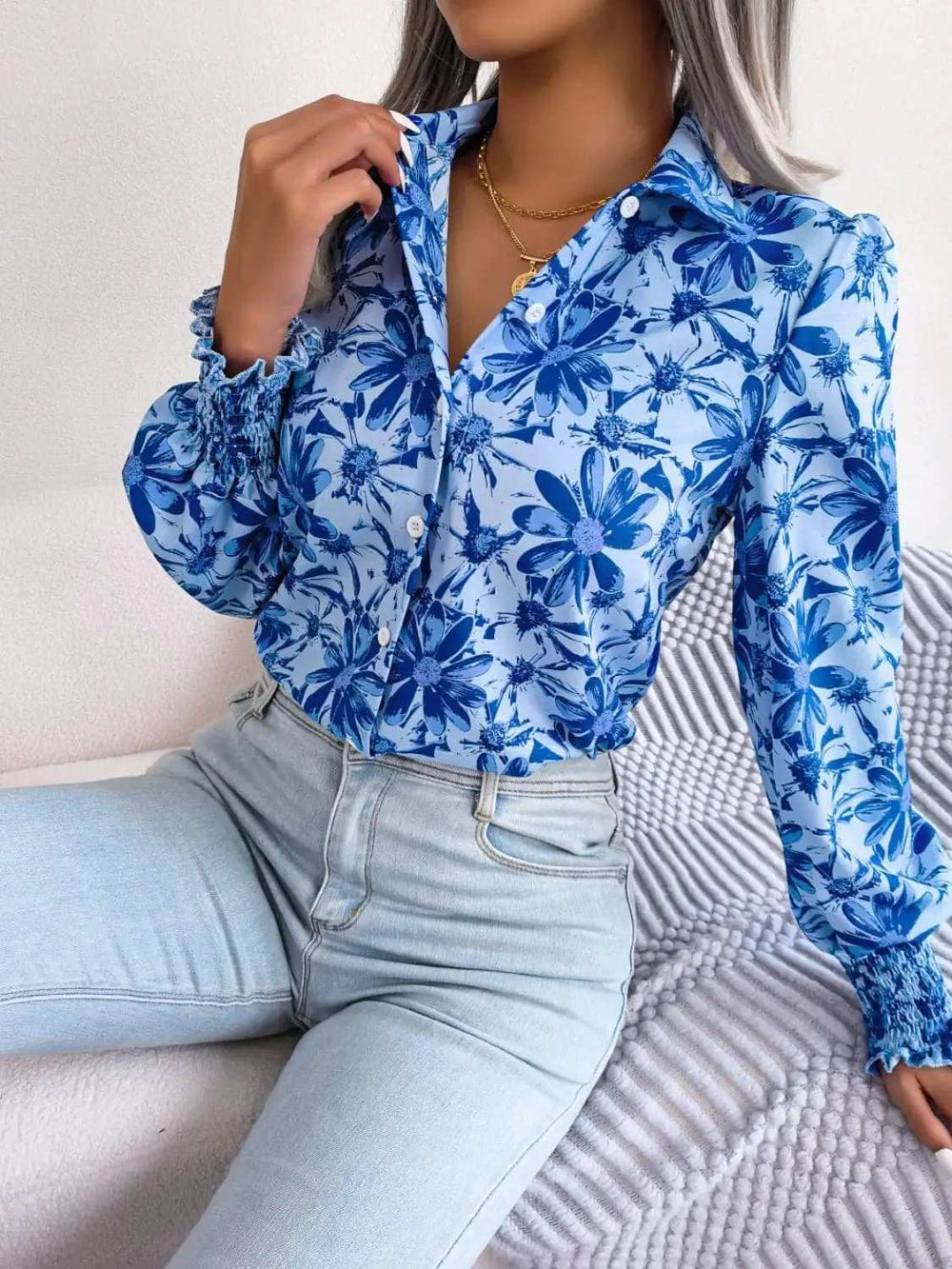 Floral Collared Neck Long Sleeve Shirt - Trendsi - Flyclothing LLC