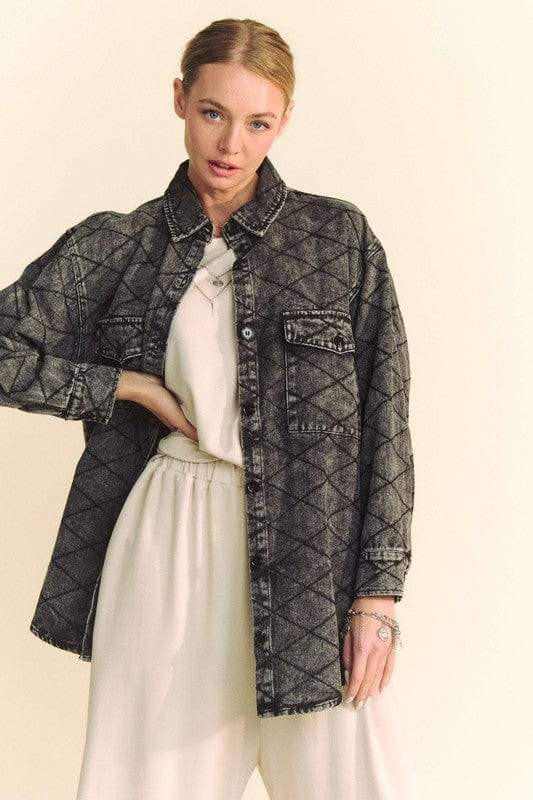 Davi & Dani Curved Hem Diamond Quilted Button Up Denim Shacket - Trendsi - Flyclothing LLC