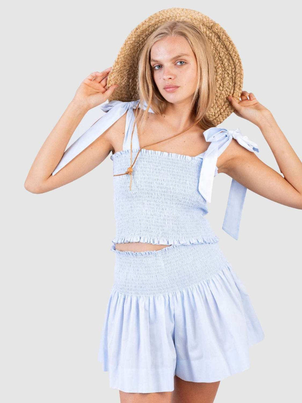 Smocked Tie Shoulder Top and Mini Skirt Set - Trendsi - Flyclothing LLC