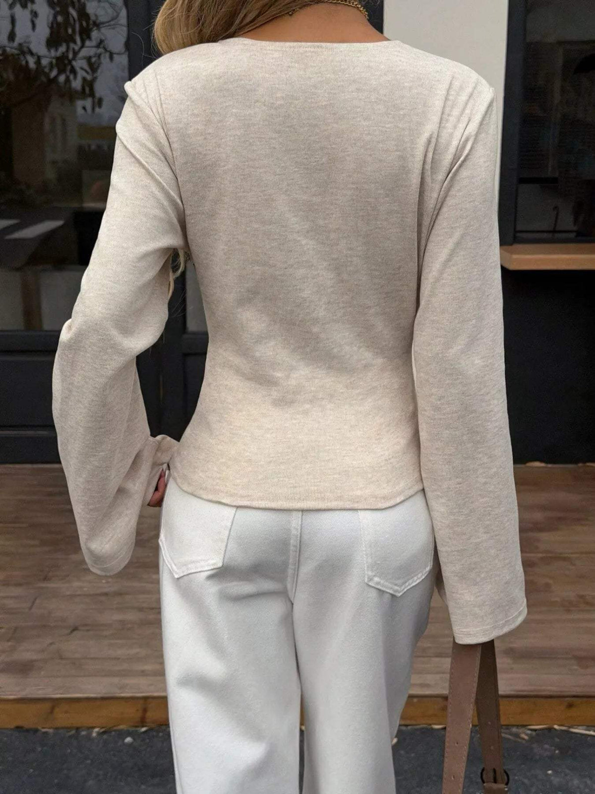 Elegant V-Neck Wrap Asymmetrical Blouse with Flared Sleeves - Trendsi - Flyclothing LLC