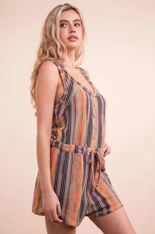 VERY J Crochet Multi Color Striped Casual Summer Romper - Trendsi - Flyclothing LLC