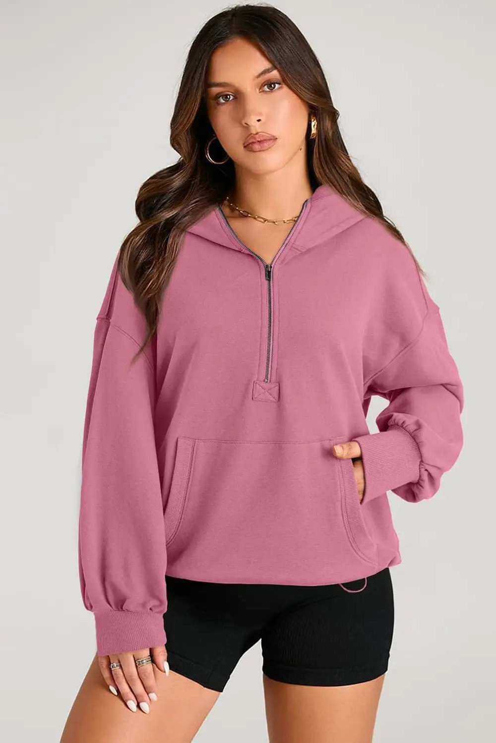Pocketed Half Zip Long Sleeve Hoodie - Trendsi - Flyclothing LLC