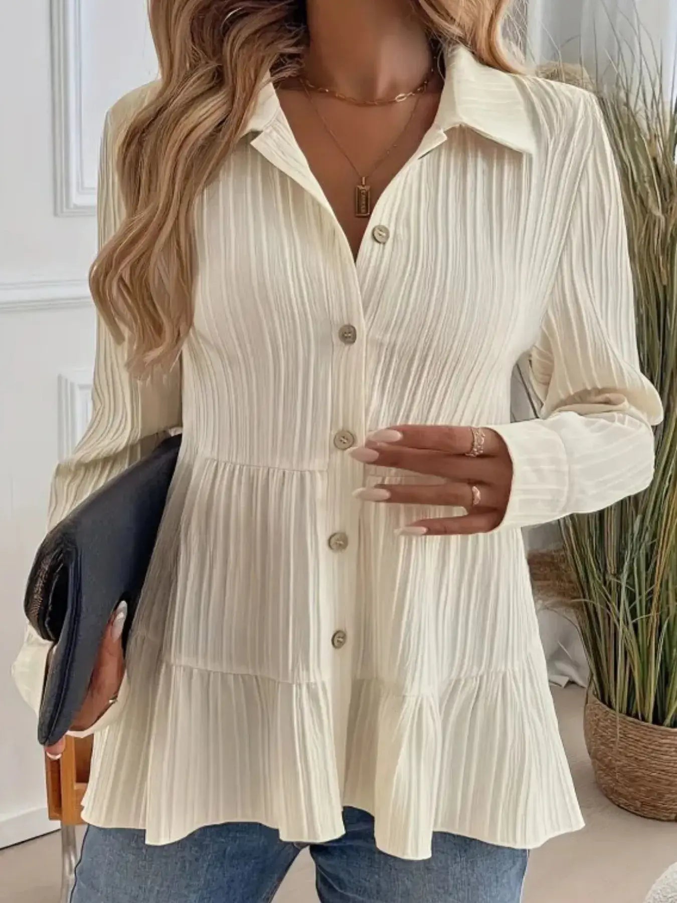 Striped Button-Down Tiered Shirt - Trendsi - Flyclothing LLC
