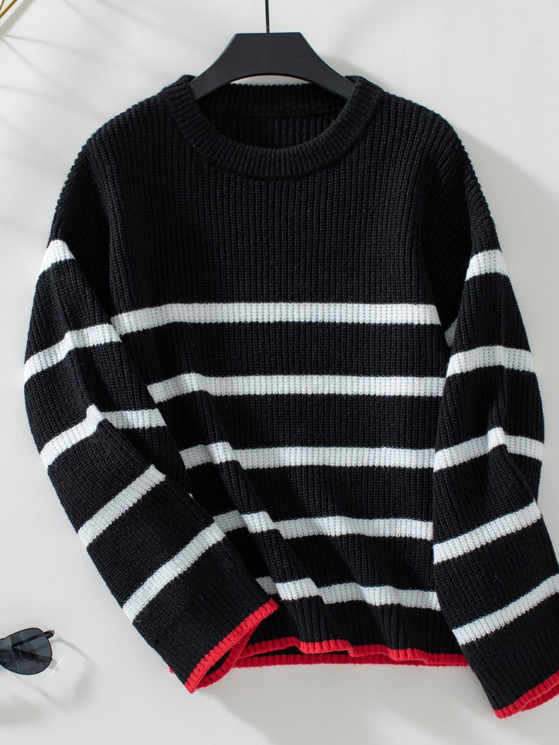Striped Round Neck Dropped Shoulder Sweater - Trendsi