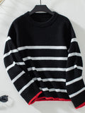 Striped Round Neck Dropped Shoulder Sweater - Trendsi
