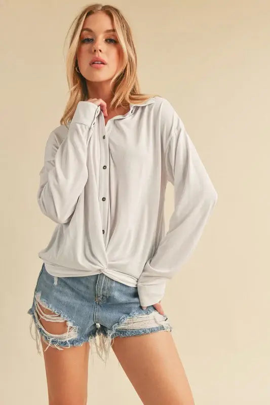 Aemi + Co Twisted Hemline Button Detail Collared Neck Top - Trendsi - Flyclothing LLC
