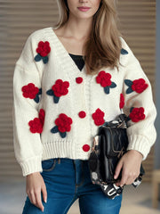 Flower Button Down V-Neck Long Sleeve Cardigan - Trendsi