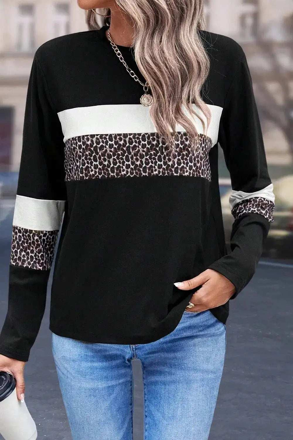 Leopard Round Neck Long Sleeve Blouse - Trendsi - Flyclothing LLC