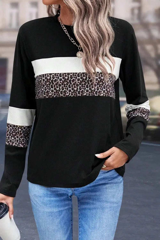 Leopard Round Neck Long Sleeve Blouse - Trendsi - Flyclothing LLC