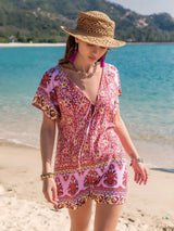 Printed V-Neck Short Sleeve Romper - Trendsi - Flyclothing LLC