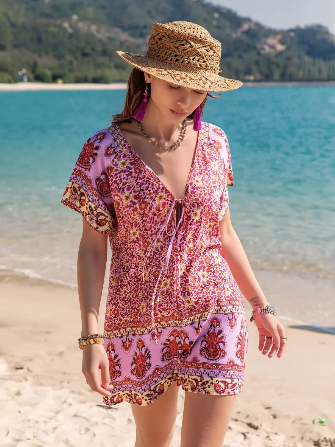 Printed V-Neck Short Sleeve Romper - Trendsi - Flyclothing LLC