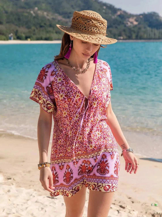 Printed V-Neck Short Sleeve Romper - Trendsi - Flyclothing LLC