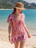 Printed V-Neck Short Sleeve Romper - Trendsi - Flyclothing LLC