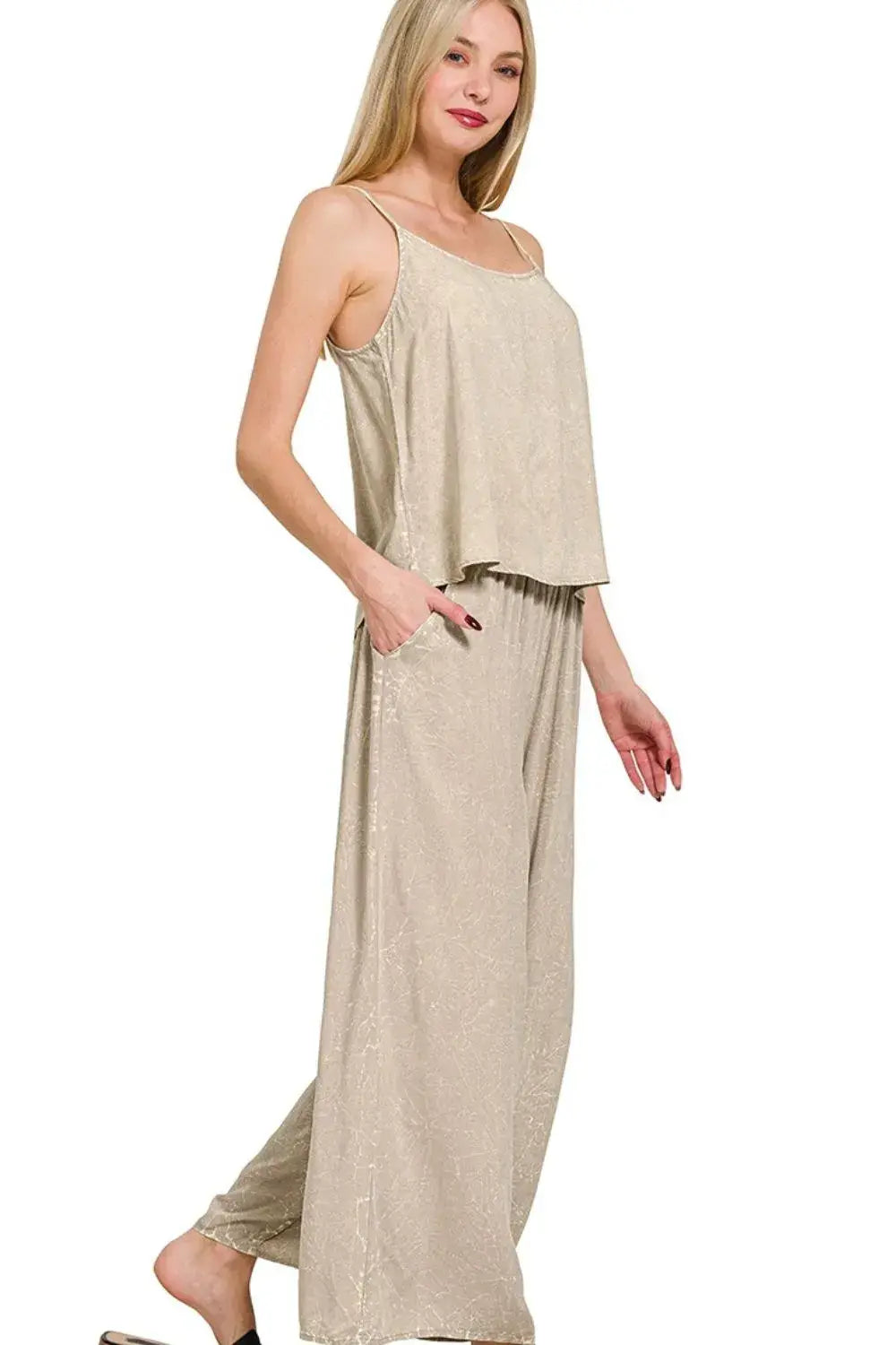 Zenana Woven Acid Crinkle Washed Cami & Pants 2 Piece Set - Trendsi - Flyclothing LLC
