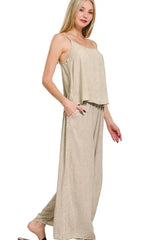 Zenana Woven Acid Crinkle Washed Cami & Pants 2 Piece Set - Trendsi - Flyclothing LLC