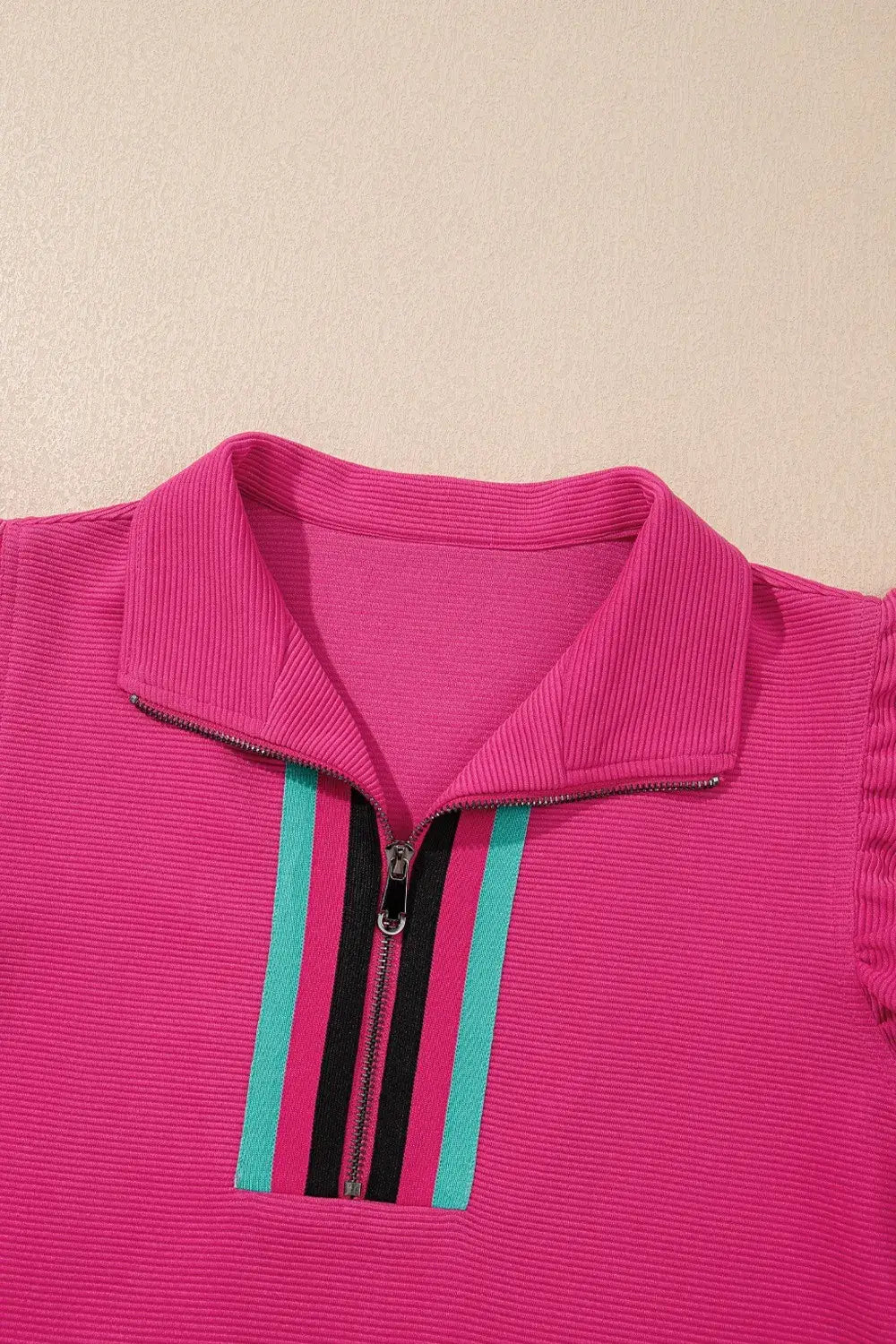 Striped Detail Flutter Sleeve Zipped Collar Top and Short Set - Trendsi - Flyclothing LLC