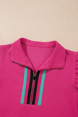 Striped Detail Flutter Sleeve Zipped Collar Top and Short Set - Trendsi - Flyclothing LLC