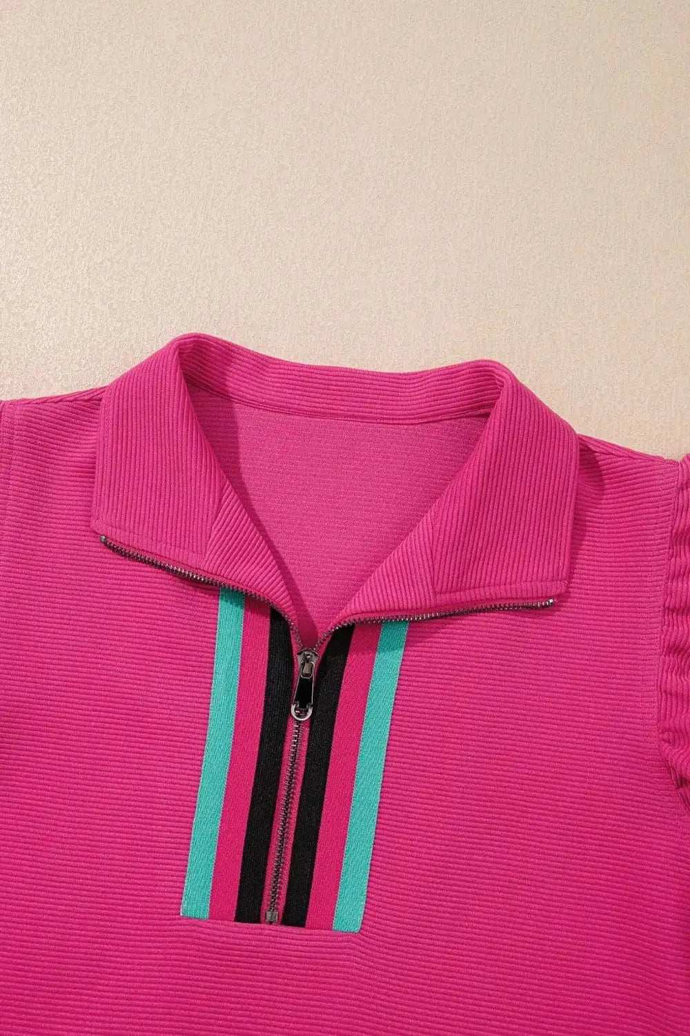 Striped Detail Flutter Sleeve Zipped Collar Top and Short Set - Trendsi - Flyclothing LLC