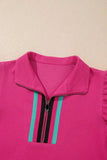 Striped Detail Flutter Sleeve Zipped Collar Top and Short Set - Trendsi - Flyclothing LLC