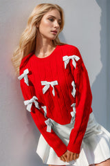 Double Take Full Size Bow Cable-Knit Round Neck Sweater - Trendsi